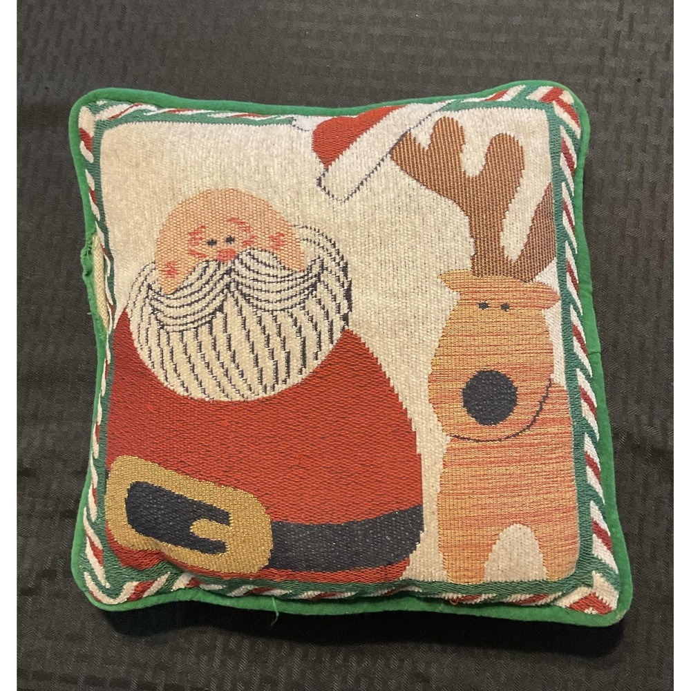 Christmas Santa Reindeer Tapestry Throw Pillow Holiday‎ Accent Decor Woven Green
